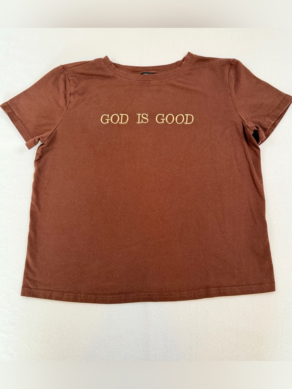SHEIN Brown Short Sleeve Tee with Gold "GOD IS GOOD" Chest Print